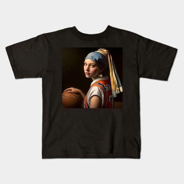 Court Elegance: Pearl Earring Girl's March Madness Kids T-Shirt by Edd Paint Something